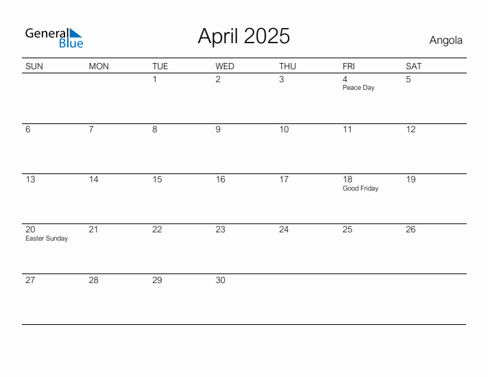 Printable April 2025 Calendar for Angola