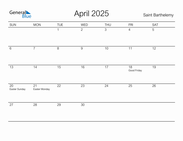 Printable April 2025 Calendar for Saint Barthelemy