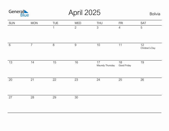 Printable April 2025 Calendar for Bolivia