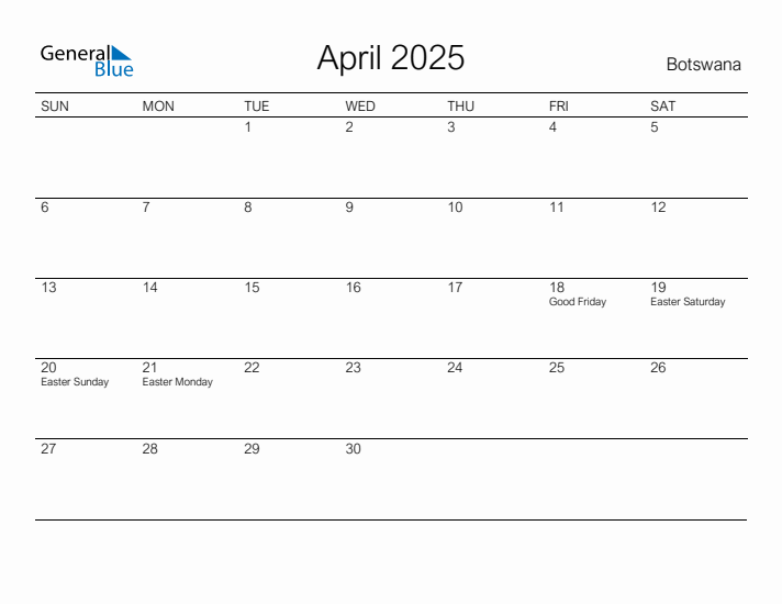 Printable April 2025 Calendar for Botswana