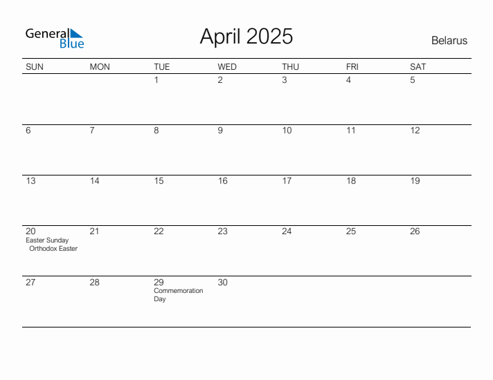 Printable April 2025 Calendar for Belarus