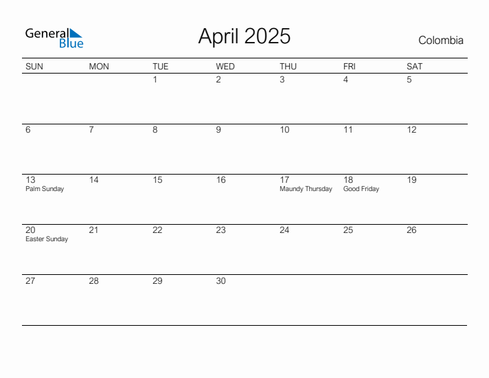 Printable April 2025 Calendar for Colombia