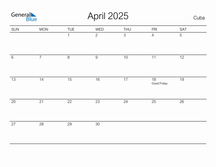 Printable April 2025 Calendar for Cuba