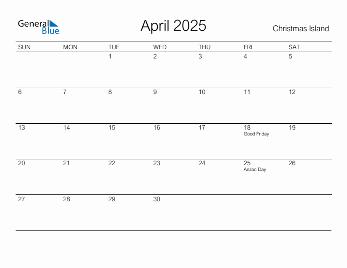 Printable April 2025 Calendar for Christmas Island