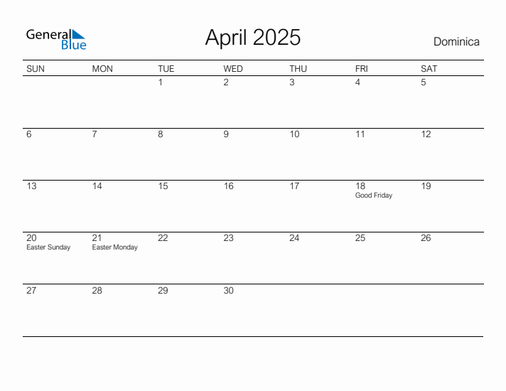 Printable April 2025 Calendar for Dominica