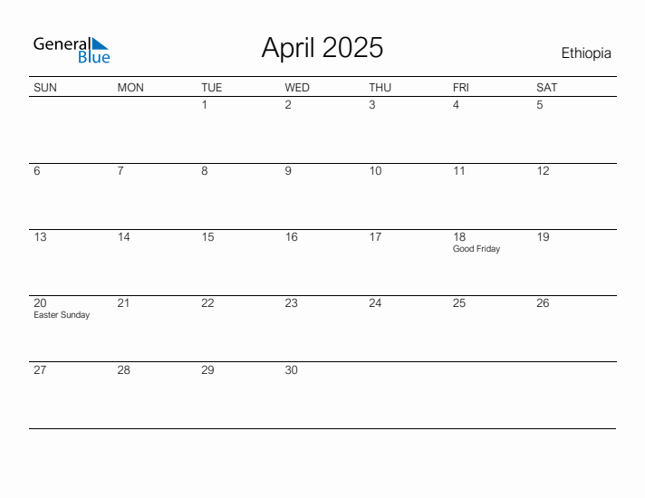 Printable April 2025 Calendar for Ethiopia