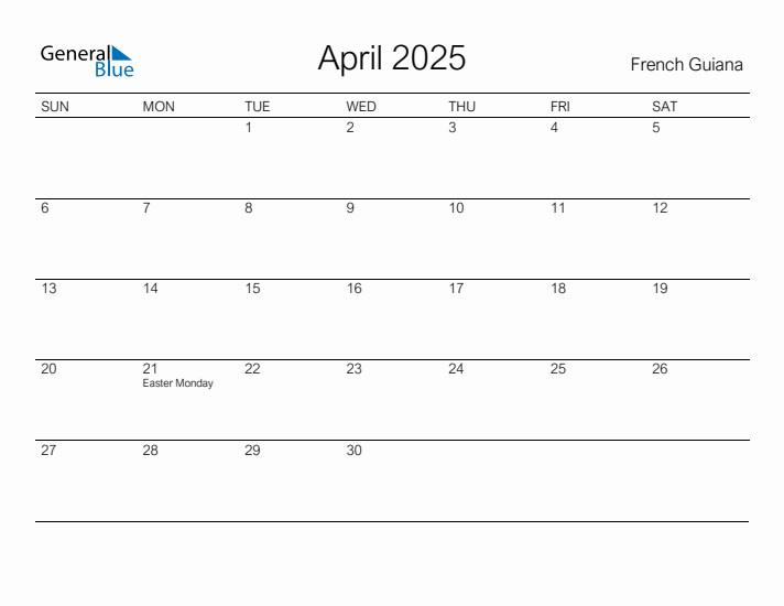 Printable April 2025 Calendar for French Guiana