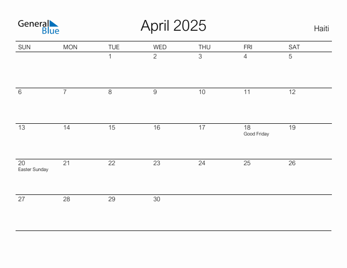 Printable April 2025 Calendar for Haiti