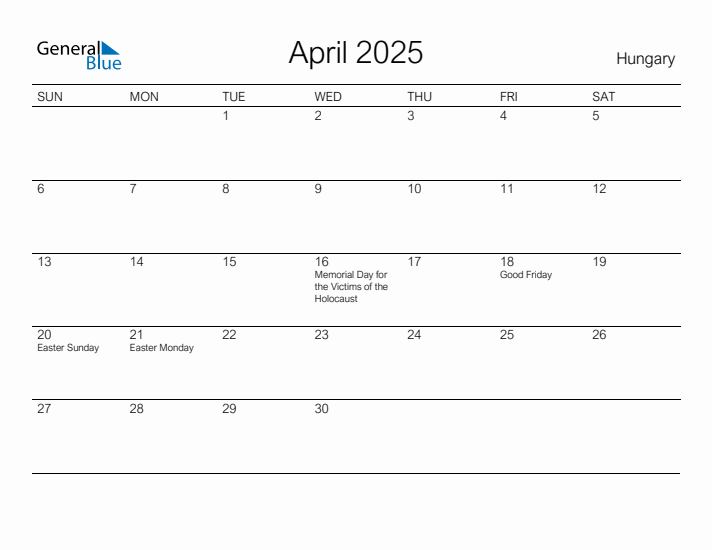 Printable April 2025 Calendar for Hungary