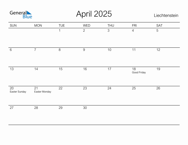 Printable April 2025 Calendar for Liechtenstein