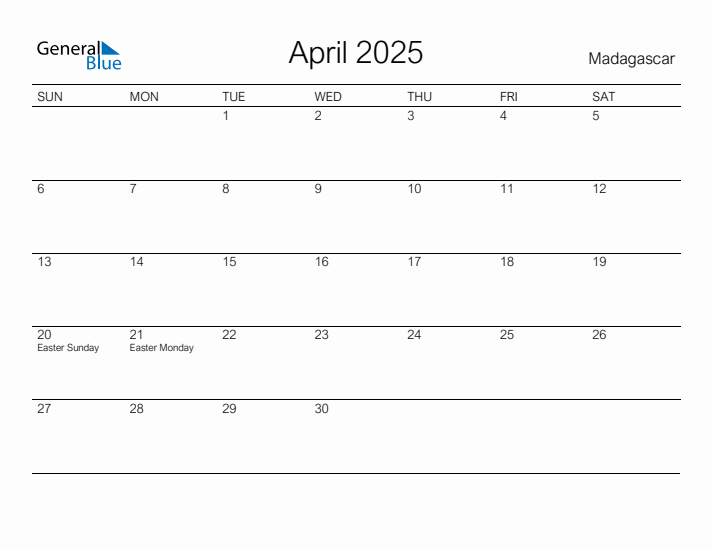 Printable April 2025 Calendar for Madagascar