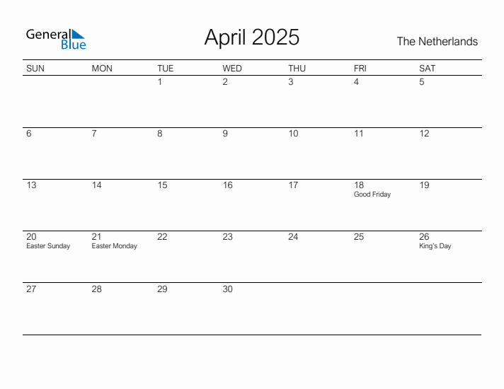 Printable April 2025 Calendar for The Netherlands