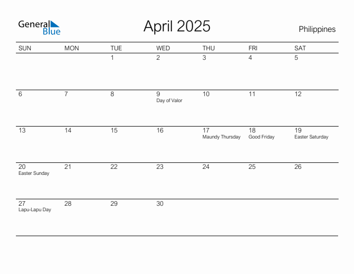 Printable April 2025 Calendar for Philippines