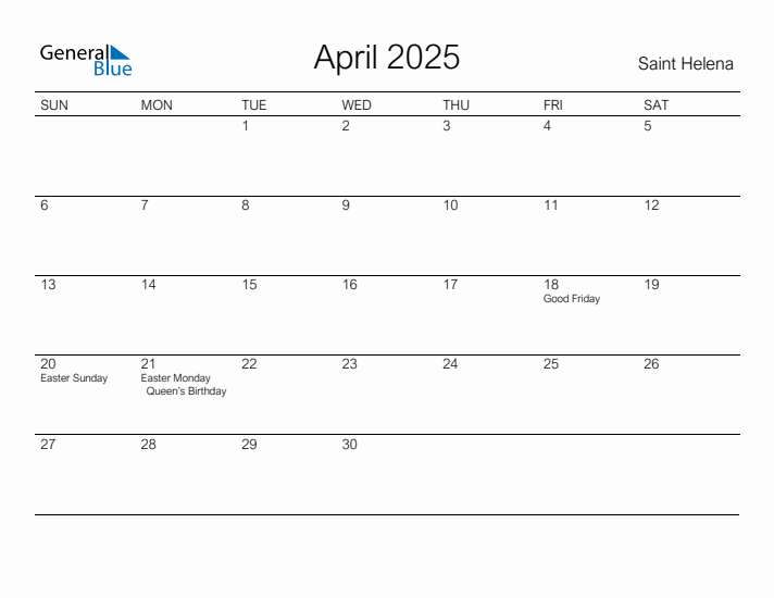 Printable April 2025 Calendar for Saint Helena