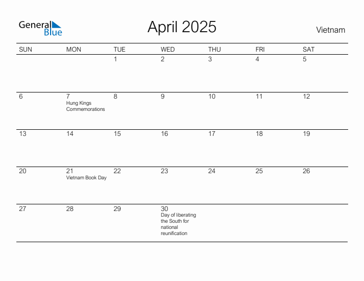 Printable April 2025 Calendar for Vietnam