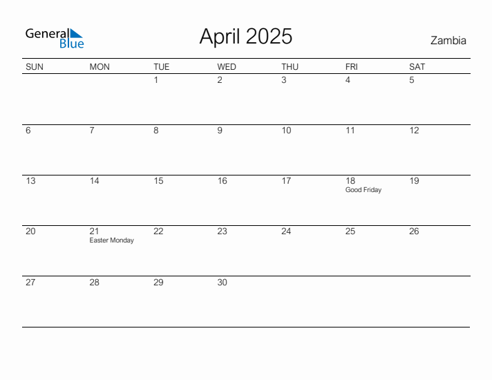 Printable April 2025 Calendar for Zambia