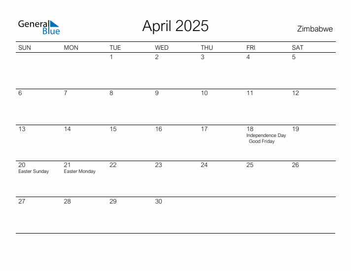 Printable April 2025 Calendar for Zimbabwe