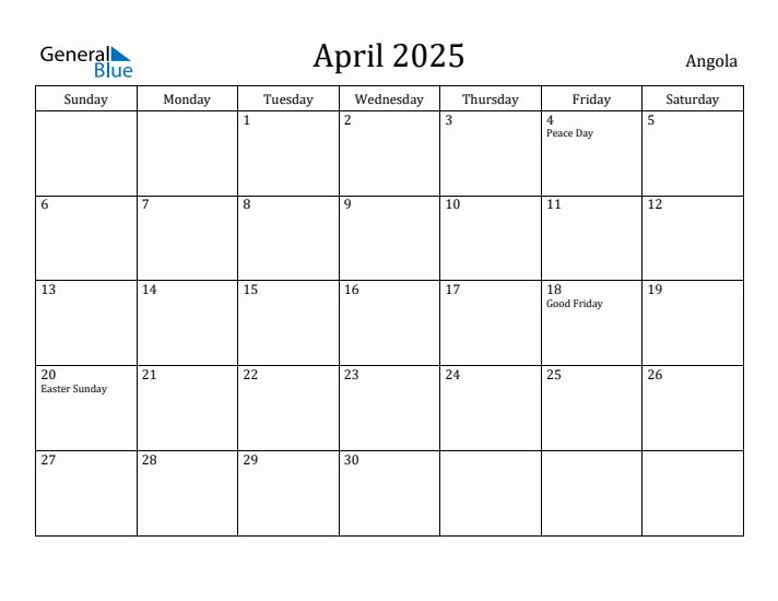 April 2025 Calendar Angola