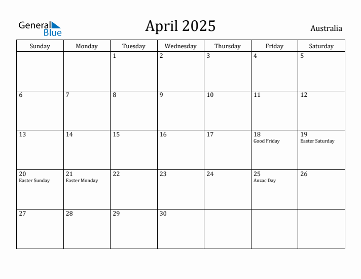 April 2025 Calendar Australia