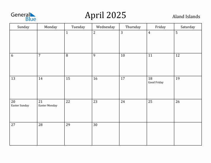 April 2025 Calendar Aland Islands