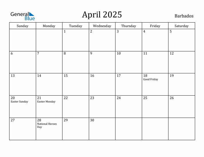 April 2025 Calendar Barbados