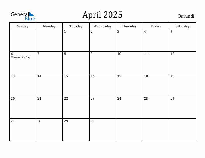 April 2025 Calendar Burundi