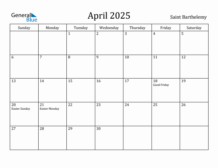 April 2025 Calendar Saint Barthelemy