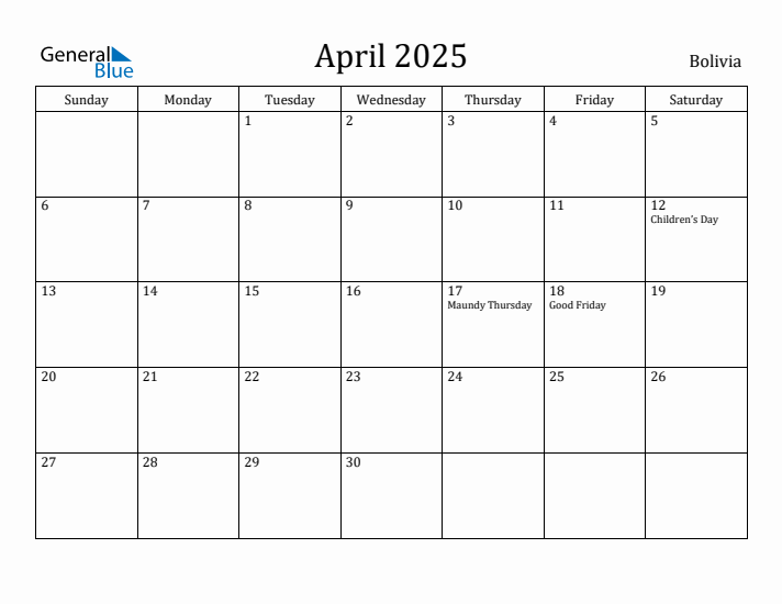 April 2025 Calendar Bolivia