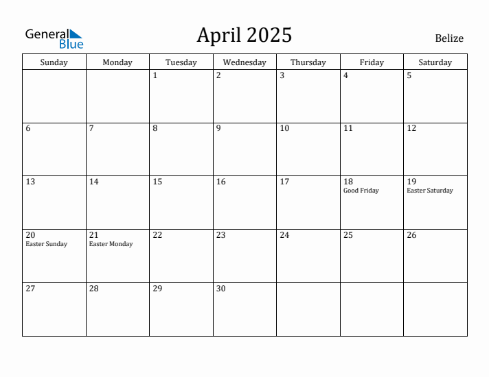 April 2025 Calendar Belize