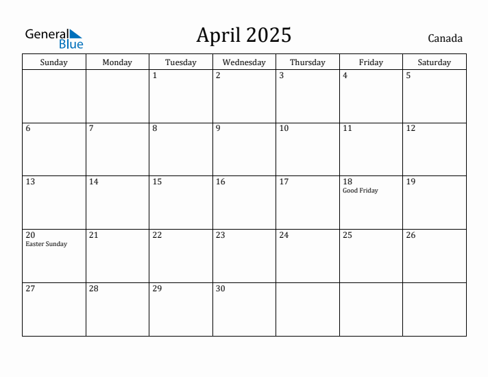 April 2025 Calendar Canada