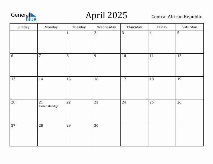 April 2025 Calendar Central African Republic