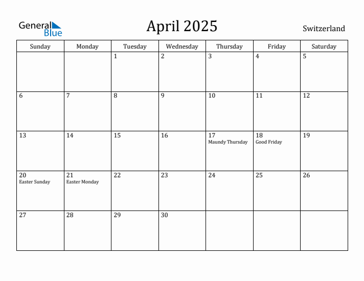 April 2025 Calendar Switzerland