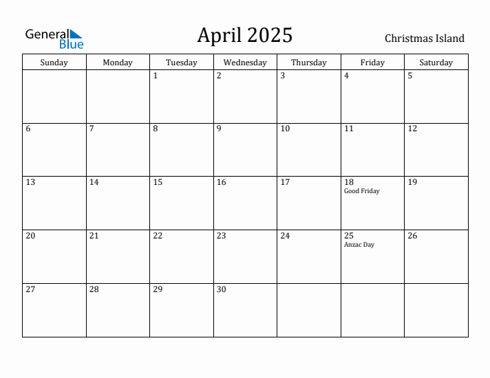 April 2025 Calendar Christmas Island