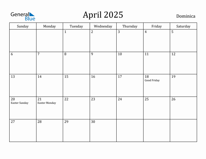 April 2025 Calendar Dominica