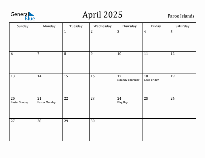 April 2025 Calendar Faroe Islands