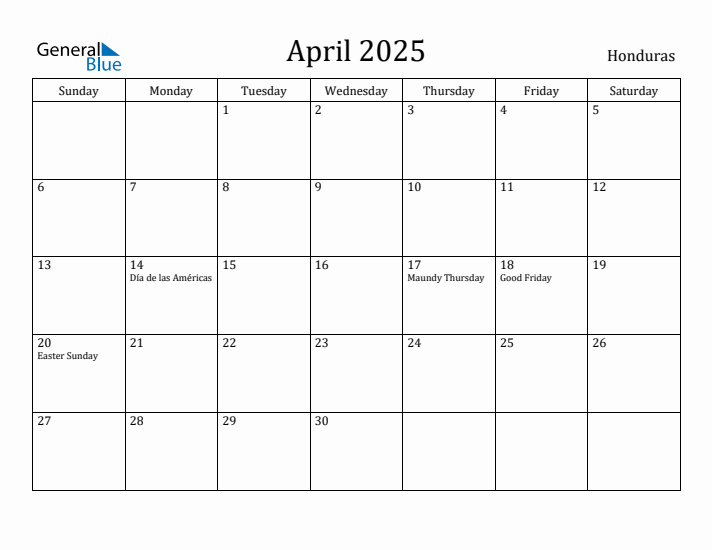 April 2025 Calendar Honduras