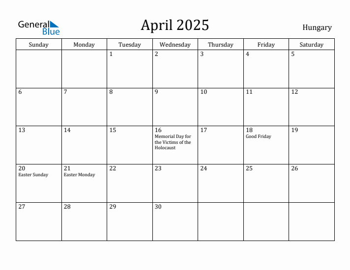 April 2025 Calendar Hungary