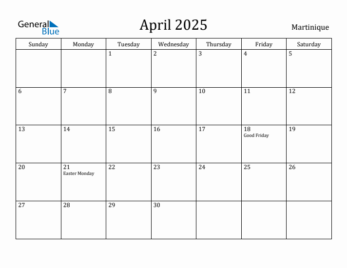 April 2025 Calendar Martinique