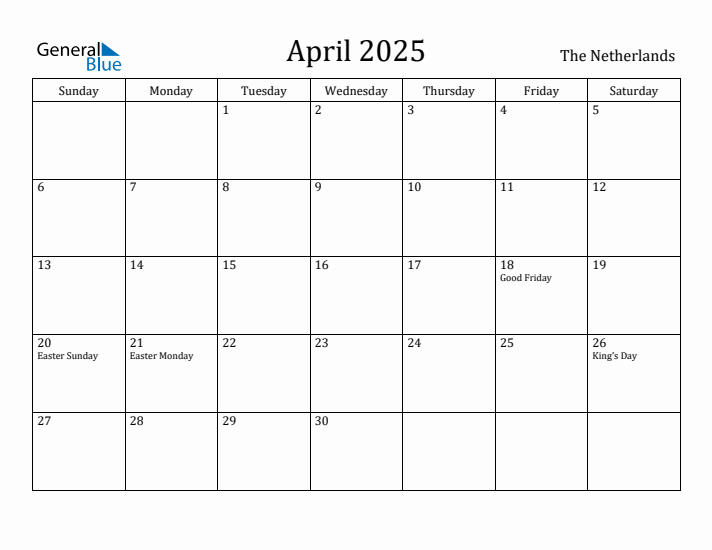 April 2025 Calendar The Netherlands