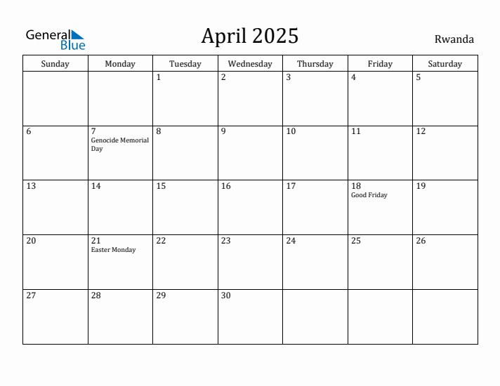 April 2025 Calendar Rwanda