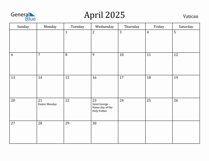 April 2025 Calendar Vatican