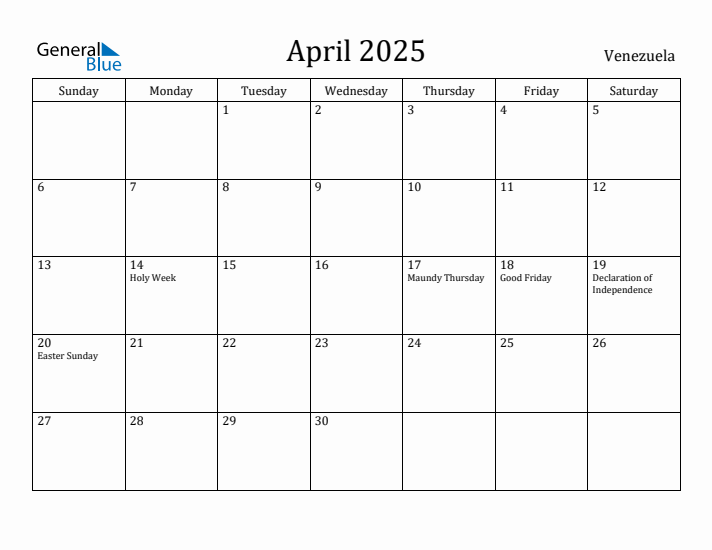 April 2025 Calendar Venezuela