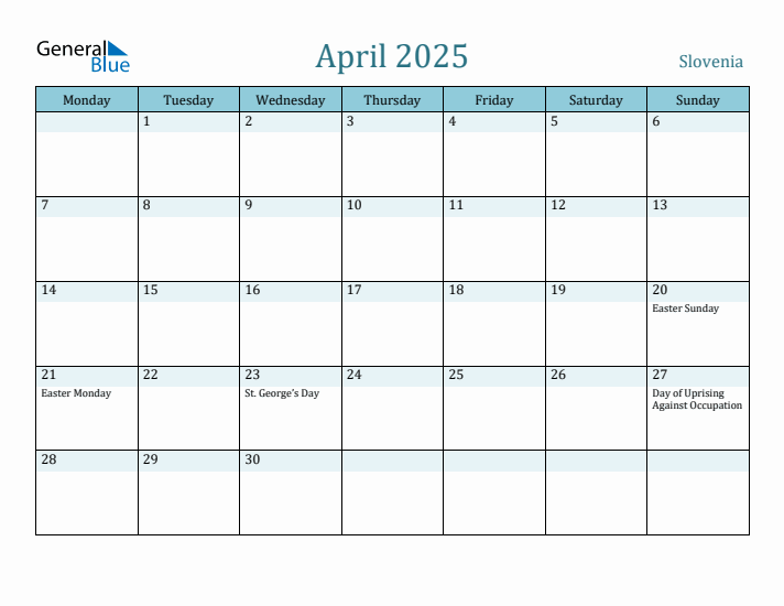 April 2025 Calendar with Holidays