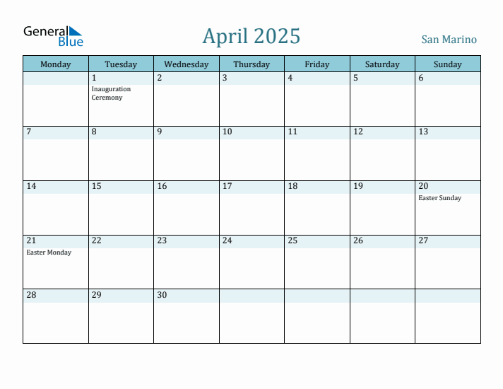 April 2025 Calendar with Holidays