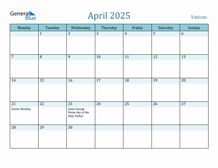 April 2025 Calendar with Holidays