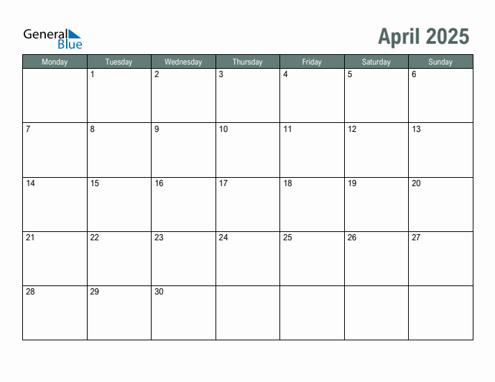 Free Printable April 2025 Calendar