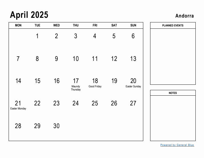 April 2025 Printable Monthly Calendar with Andorra Holidays