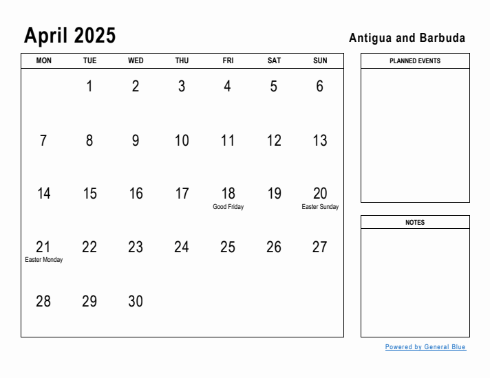 April 2025 Printable Monthly Calendar with Antigua and Barbuda Holidays