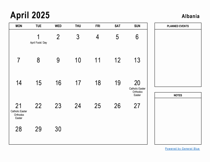 April 2025 Printable Monthly Calendar with Albania Holidays