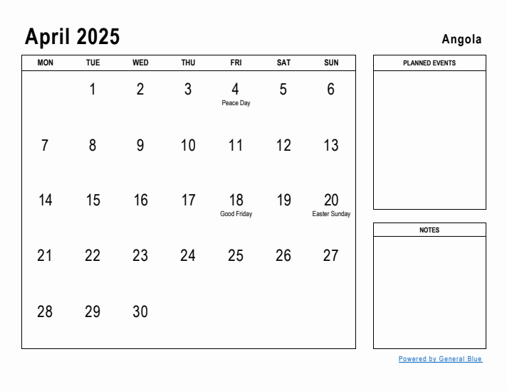 April 2025 Printable Monthly Calendar with Angola Holidays